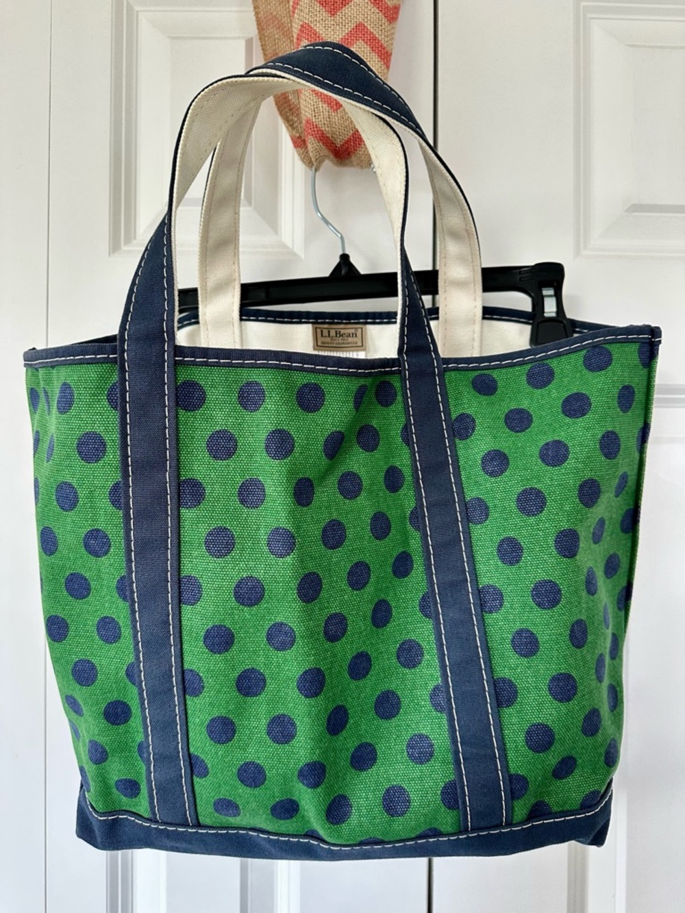 L.L. Bean Green Canvas Tote with Navy Polka Dots - Picture 6 of 6